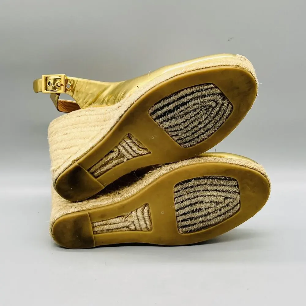 Tory Burch Shoes Womens 7 Gold Leather Slingback Espadrille Wedge Heels Logo